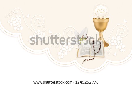 First Holy Communion, composition with a chalice, host,rosary, prayer book and lily flowers