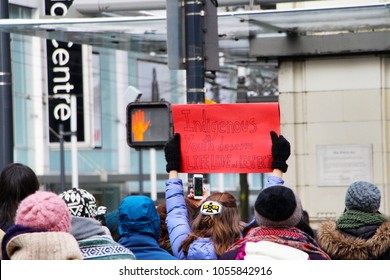 First Nations /Aboriginal People Demonstration For Tina Fontaine In Vancouver, BC On Granville Street - Woman Holding Red Poster 