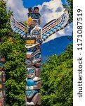 First Nations American Indian thunderbird totem pole at Brockton Point in Stanley Park in Vancouver, Canada