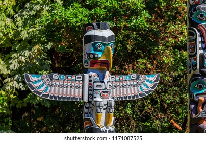 First Nations American Indian thunderbird totem pole at Brockton Point in Stanley Park in Vancouver, Canada