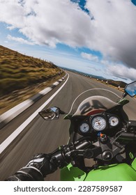 First persion action camera view of a motorbike riding round the famous Snaefell Mountain Section of the Isle of Man TT Tourist Trophy Circuit