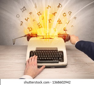 First person perspective image with exploding letters from a vintage typewriter concept