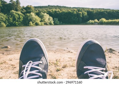 First Person Perspective Of Man Legs On The Summer Beach