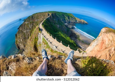 First Person Perspective On Isthmus On Sark, Channel Islands, UK.