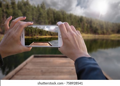 First Person Perspective Of World Traveler Hands Documenting Trip On Smartphone 