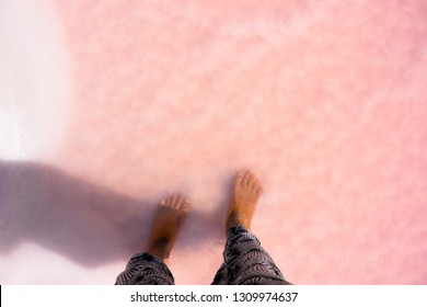 First Person Picture Of Feet Standing In Beautiful Pink Lake Hillier, WA (western Australia)