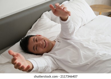 First Person View Of Hug From Handsome Asian Young Man On Bed