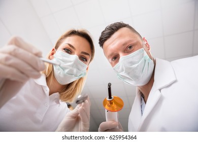 First Person View Of Male And Female Dentist In A Clinic