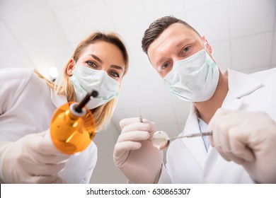 First Person View Of Male And Female Dentist In A Clinic