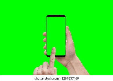 First Person View On Modern Smart Phone Ih Hands. Finger Touch Isolated Screen In Green, Chroma Key. App Presentation Mockup.