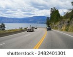 First person view of a road trip along the Okanagan Highway near Penticton, a lakeside city of the Okanagan Valley nicknamed "Peach City" in British Columbia, Canada