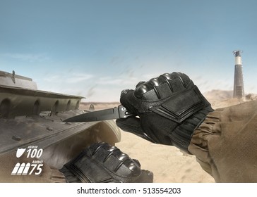 First person view soldier arm holding knife. First person view soldier hand in black battle gloves  tactical jacket holding knife ready to use on desert tank war scene with health  armor indicator.