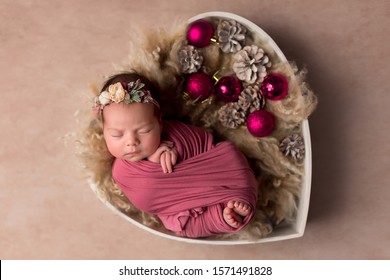 First Photo Shoot. Newborn Child. Christmas Card With Baby