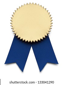 First Place Blue And Gold Award Ribbon On Isolated White.