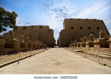 The First Pylon, The Façade Of The Amun Re Precinct With Avenue Of The Sphinxes And The Entrance Of Karnak Temple At Luxor . Egypt .
