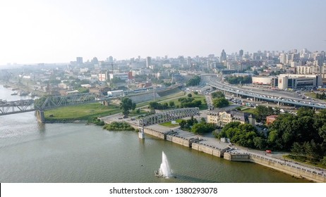 First Railway Bridge In Novosibirsk. Panorama Of The City Of Novosibirsk. View On The River Ob. Russia, From Dron  