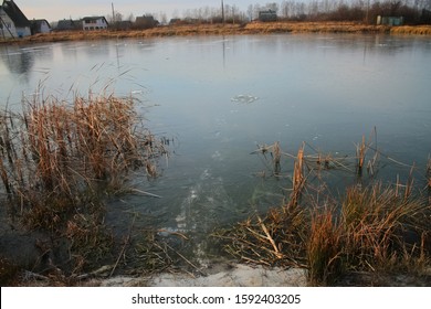 The First Smooth Clean Ice On The Lake. It Is Dangerous To Walk On Thin Ice. The Lake Was Covered With Thin Transparent Ice.