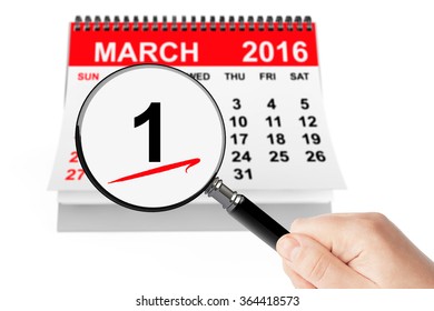 First Spring Day Concept. 1 march calendar with magnifier on a white background