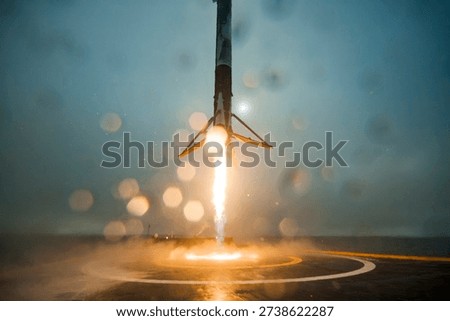 First stage of Falcon 9 rocket (2016). Rocket launch photo. Photo of rocket ship launching into orbit. Space exploration and rocket ship launch image.