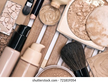 First step of makeup application - foundation products. Concealer stick, primer, liquid and cream foundation, different types of powder