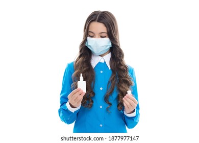 First Symptoms Of Virus. Kid Treat Runny Nose With Nasal Spray. Free Your Stuffy Nose. No Addiction To Medicals. Child Wear Mask In Drug Store. Coronavirus Covid Pandemic. Girl With Nasal Drops.