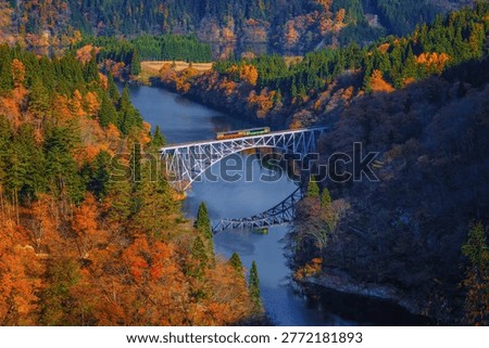 First Tadami River Bridge with train crossing in autumn season, Fukushima, Japan.