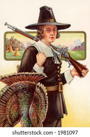 First Thanksgiving - Pilgrim bringing home a tom turkey - a circa 1910 vintage illustration