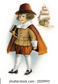 First Thanksgiving Pilgrim Child Holding Bible, With Mayflower Ship - A Circa 1919 Vintage Illustration By Ellen Clapsaddle