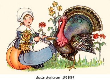 First Thanksgiving - Pilgrim girl with a tom turkey - a circa 1910 vintage illustration