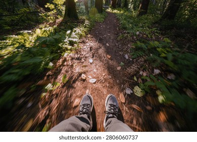 First-person point-of-view shot looking down at running shoes on a dirt forest trail, with motion blur and dappled sunlight streaming through green ferns and trees