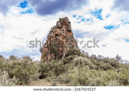 Fischer's Tower Landscape Nature At Hell's Gate National Park Naivasha Great Rift Valley Nakuru City County Kenya East African. Fischer's Tower is situated at the main entrance of the park In Kenyan