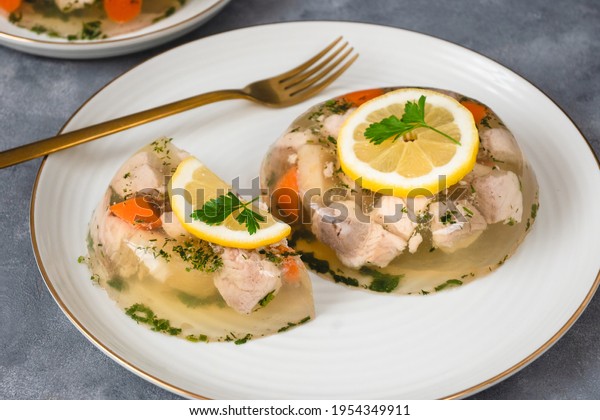 Fish in aspic with vegetables. Fish in jelly.\
Fish with gelatin.