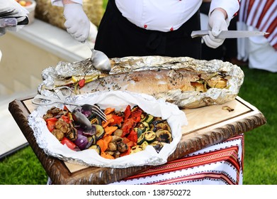 Fish Baked In Foil And Grilled Vegetables.