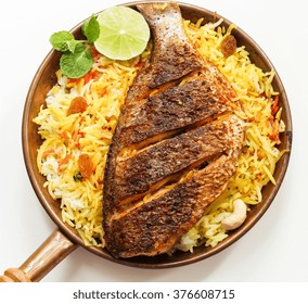 Fish Biryani Top Down View, Isolated On White