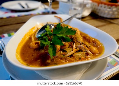 Fish Brodetto, The Italian Version Of Famous French Fishermen's Bouillabaisse Soup Served In The Restaurant Of Zagreb As A Dish From Traditional Croatia Food (croatian Cuisine)