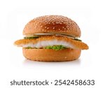 Fish Burger with Avocado , sauce, onion and lettuce on white background. isolated fish burger