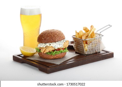 
Fish Burger With Chips And Beer