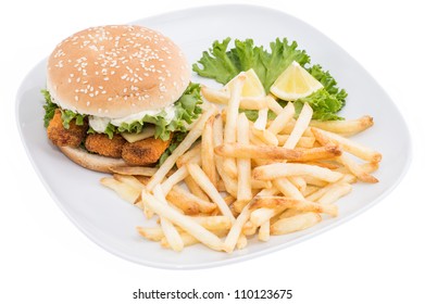 Fish Burger With Chips Isolated On White Background