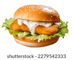 Fish Burger With Vegetables And White Sauce Isolated On White Background