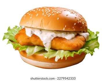 Fish Burger With Vegetables And White Sauce Isolated On White Background