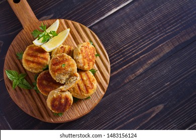 Fish Cakes. Fish Patties. Fried Cutlets Of Minced Fish On Serving Board. View From Above, Top Studio Shot