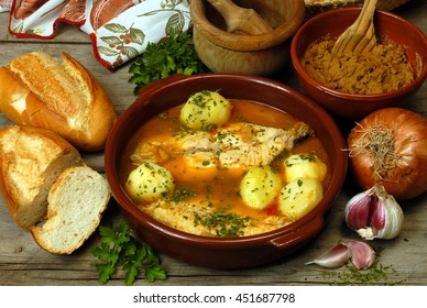 Fish Casserole And Escaldon De Gofio , Typical Food Of Tenerife, Canary Islands