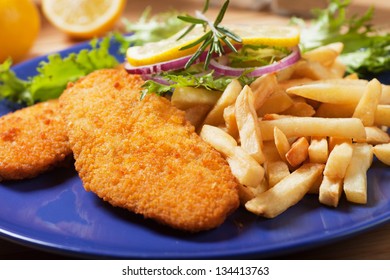 Fish And Chips, Breaded Fish Steak With French Fries