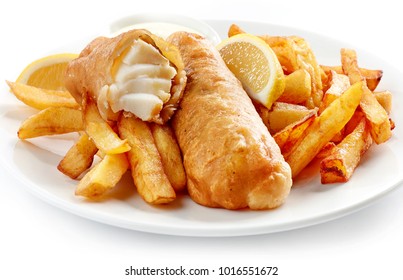 Fish And Chips Closeup On White Plate