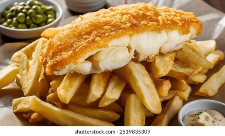 Fish and Chips: Crispy battered fish served with golden fries, this classic British dish is a beloved comfort food, often enjoyed with malt vinegar and tartar sauce. - Powered by Shutterstock