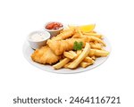 Fish and chips and French fries served with tartar sauce on a white plate, isolated