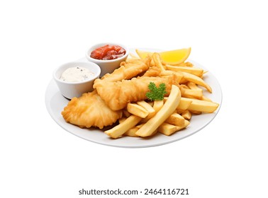 Fish and chips and French fries served with tartar sauce on a white plate, isolated - Powered by Shutterstock