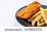 Fish and chips is a hot dish of fried fish in batter, served with chips or french fries.  Malt vinegar, ketchup,  catsup, tartar sauce are common dipping sauces.  isolated on white background