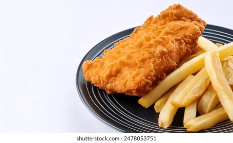 Fish and chips is a hot dish of fried fish in batter, served with chips or french fries.  Malt vinegar, ketchup,  catsup, tartar sauce are common dipping sauces.  isolated on white background - Powered by Shutterstock