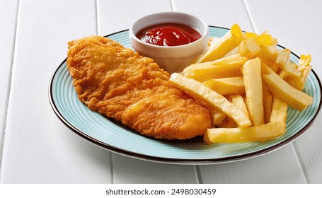 Fish and chips is a hot dish of fried fish in batter, served with chips or french fries.  Malt vinegar, ketchup,  catsup, tartar sauce are common dipping sauces.  isolated on white background - Powered by Shutterstock